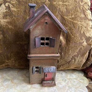 Rustic Two-Story Decorative House Sculpture with Red Door/ Candle holder